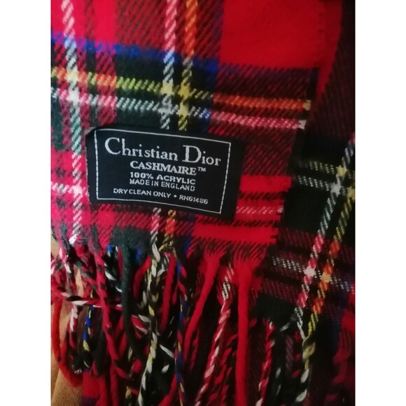 Vintage Christian Dior Cashmaire Red & Black Tartan Plaid Scarf Made in England - Picture 5 of 5